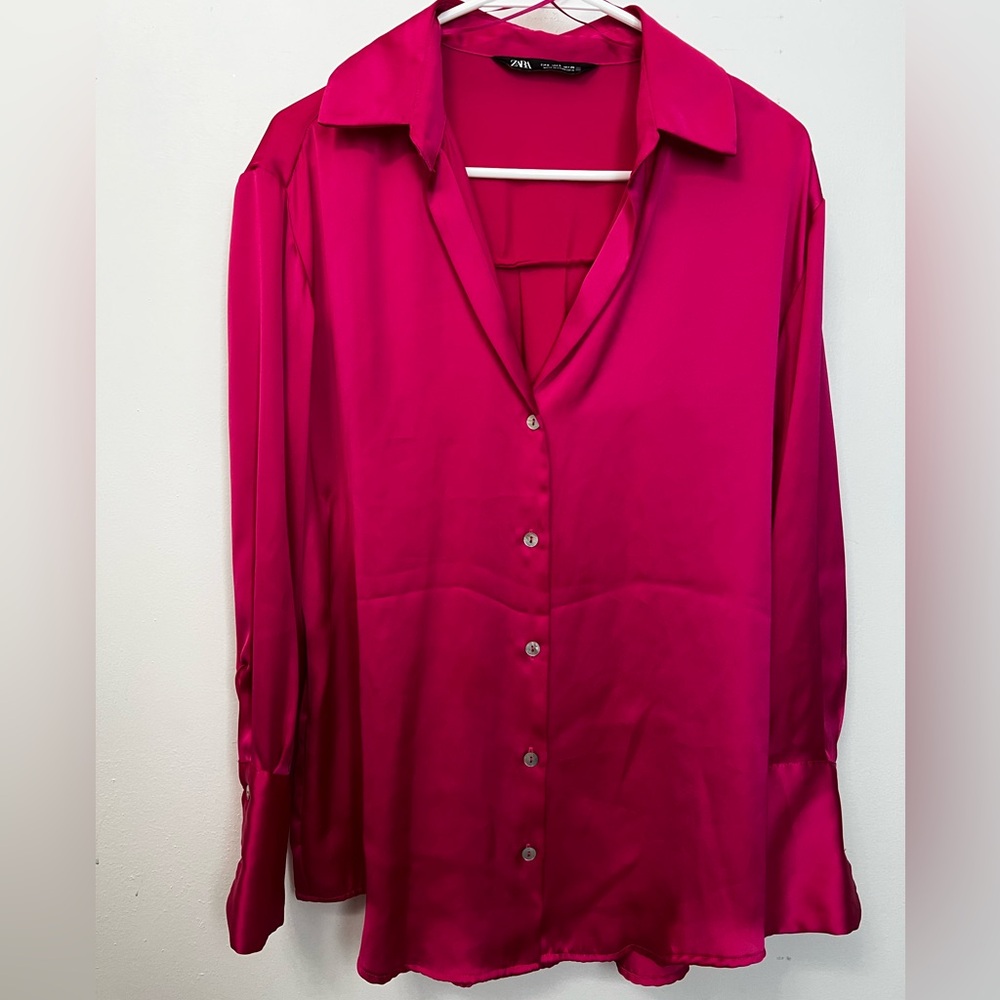 Zara Fuchsia Satin Button-Down Shirt